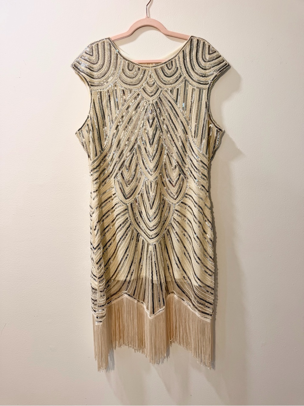 Unique Vintage sz 3XL Ivory Beaded Flapper Dress Great Gatsby Silver 1920's